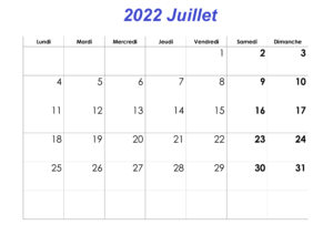 Calendrier Juillet Mensuel 2022
