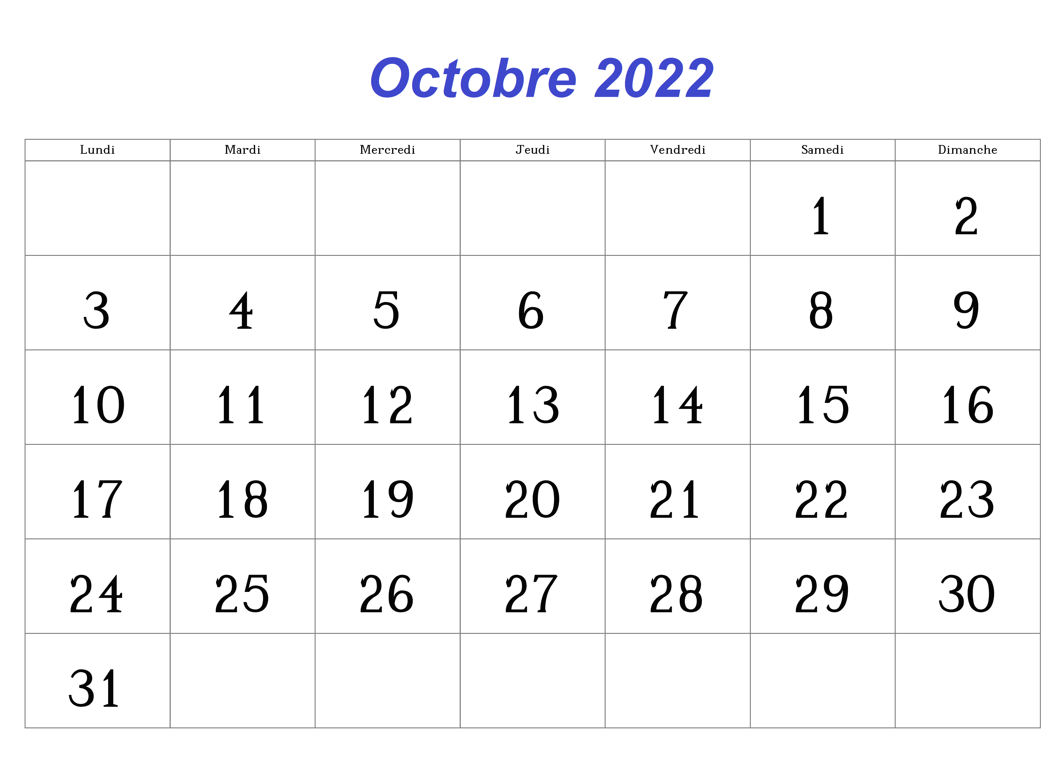Calendrier 2022 Octobre PDF