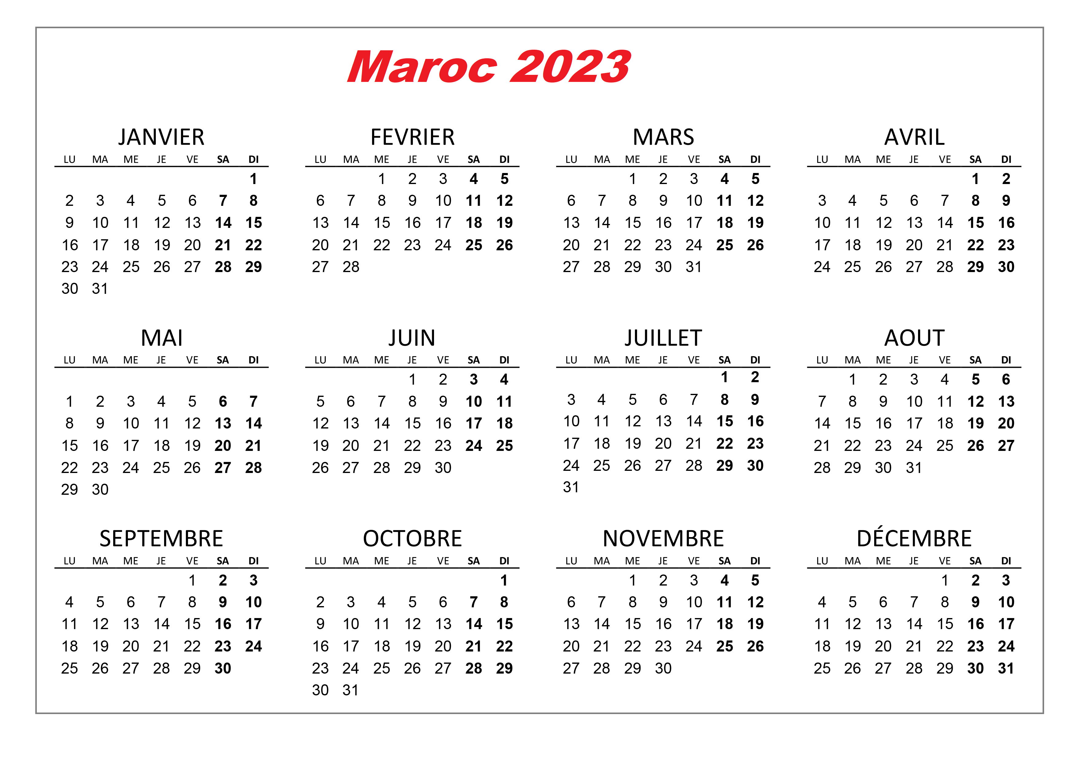 Calendrier 2023 Maroc en Arabe