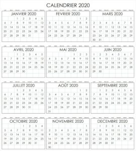 Calendrier Excel 2020