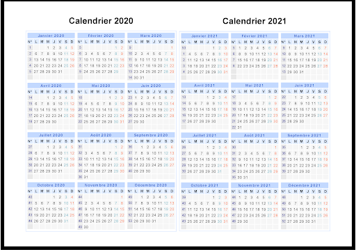 Calendrier 2020 et 2021 Semaine