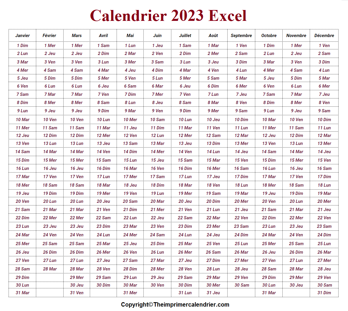Calendrier 2023 Excel Pratique