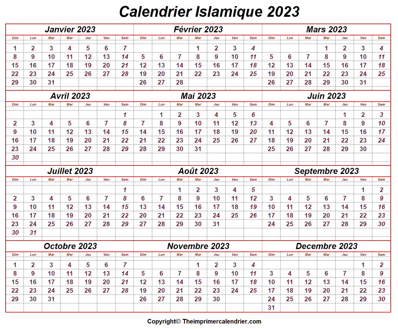 Calendrier 2023 Islamique
