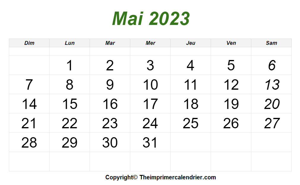 Calendrier Mois Mai 2023