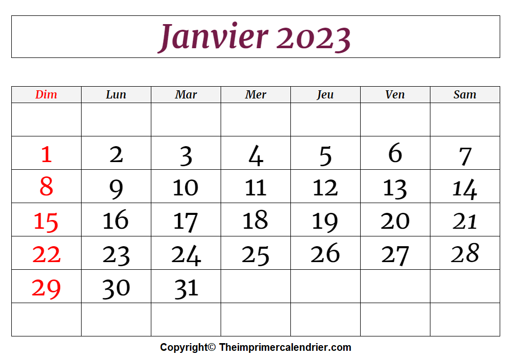 Janvier 2023 Calendrier