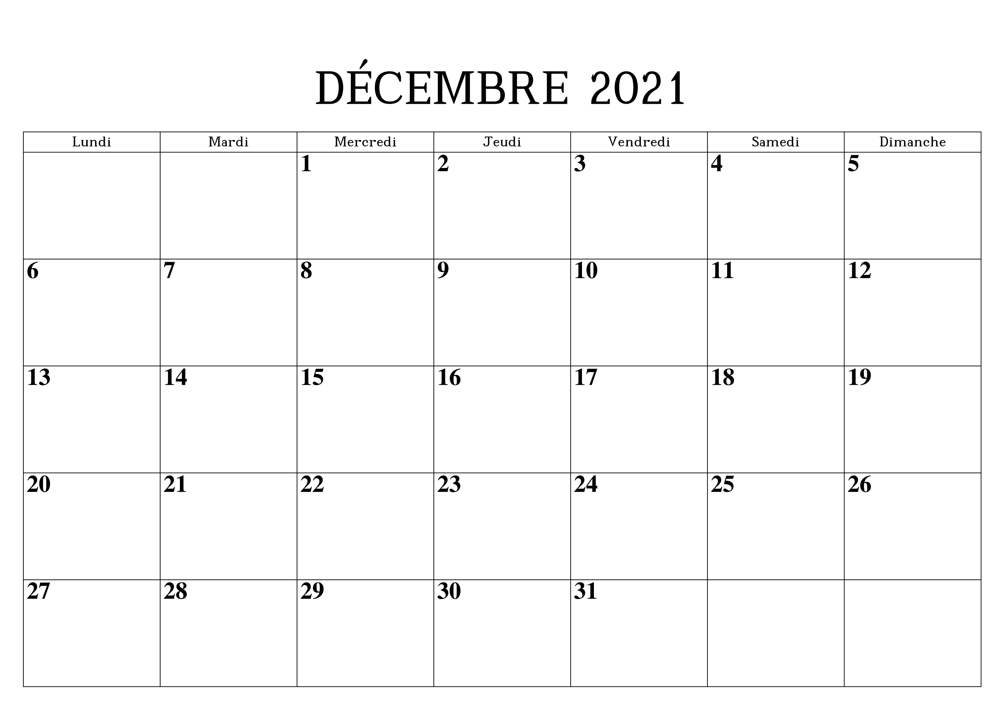 Calendrier 2021 Decembre