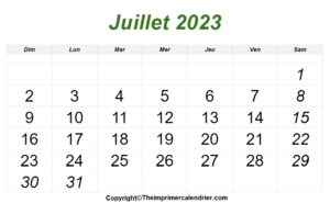 Calendrier 2023 Juillet