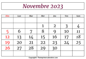 Calendrier 2023 Novembre Imprimable