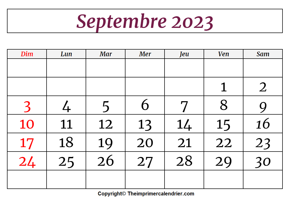 Calendrier 2023 Septembre