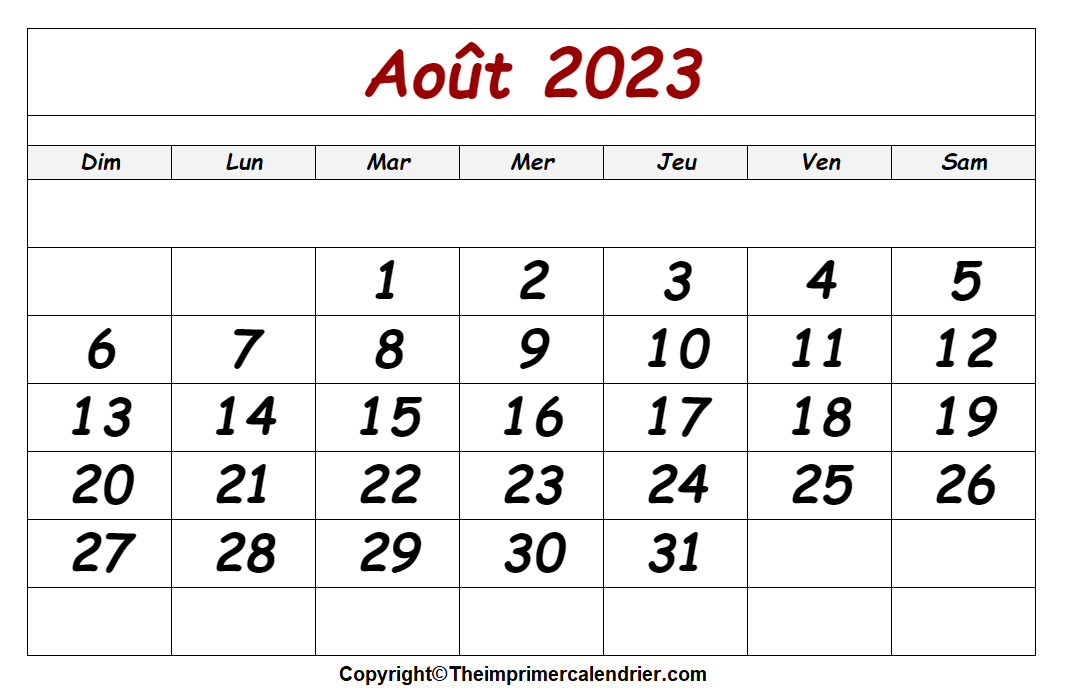 Calendrier Août 2023 Vacances