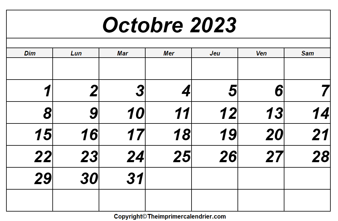 Calendrier Octobre 2023 jours fériés