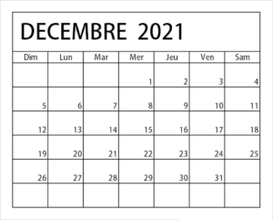Decembre 2021 Calendrier jours fériés