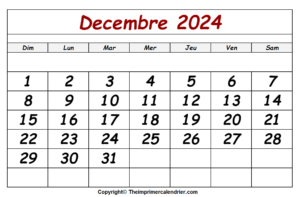 Decembre 2024 Calendrier Imprimable