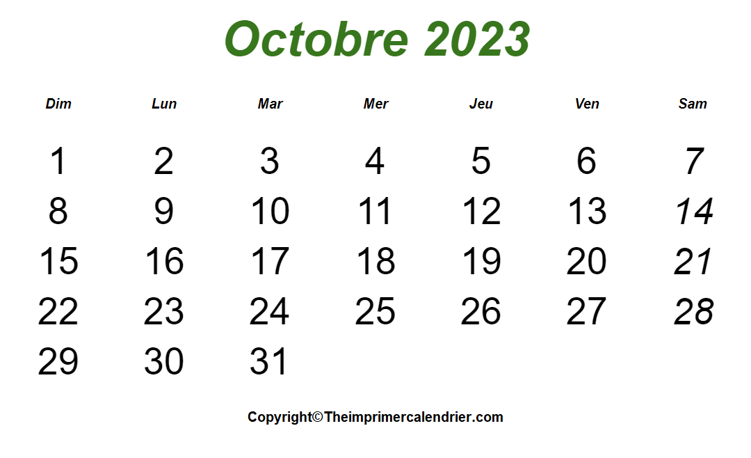 Octobre 2023 Calendrier