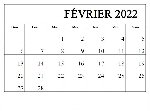 Calendrier Février 2022 Excel