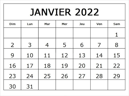 Calendrier Janvier 2022