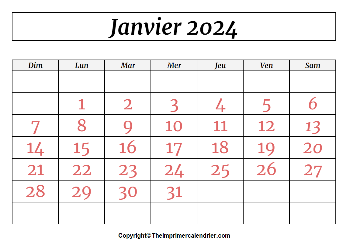 Calendrier Janvier 2024 Excel