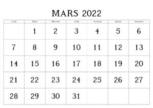 2022 Mars Calendrier