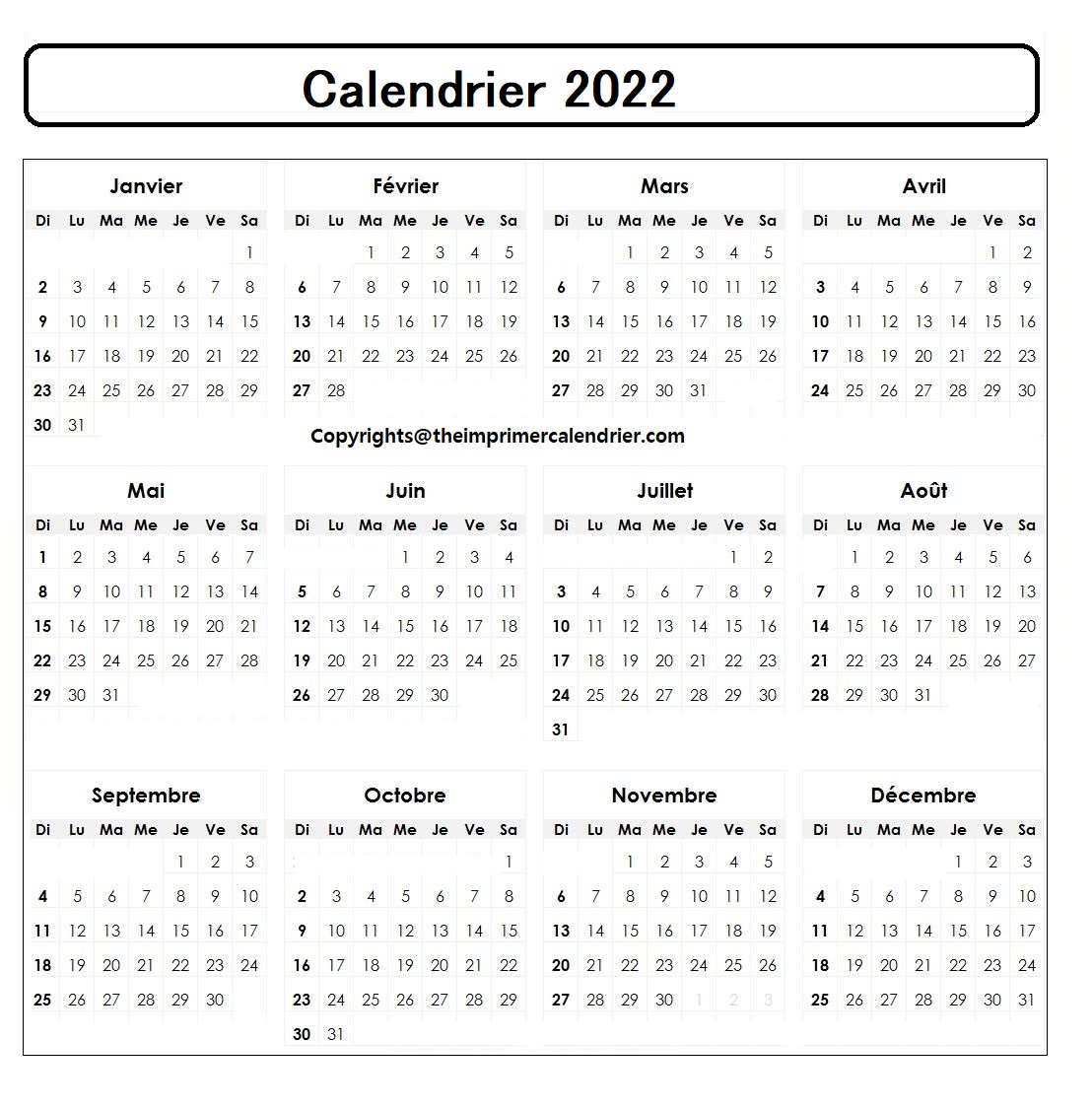 Calendrier 2022 Excel
