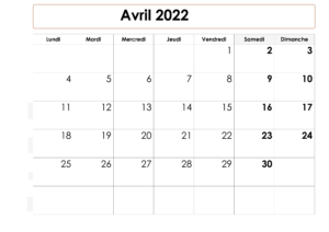 Calendrier Avril 2022 PDF