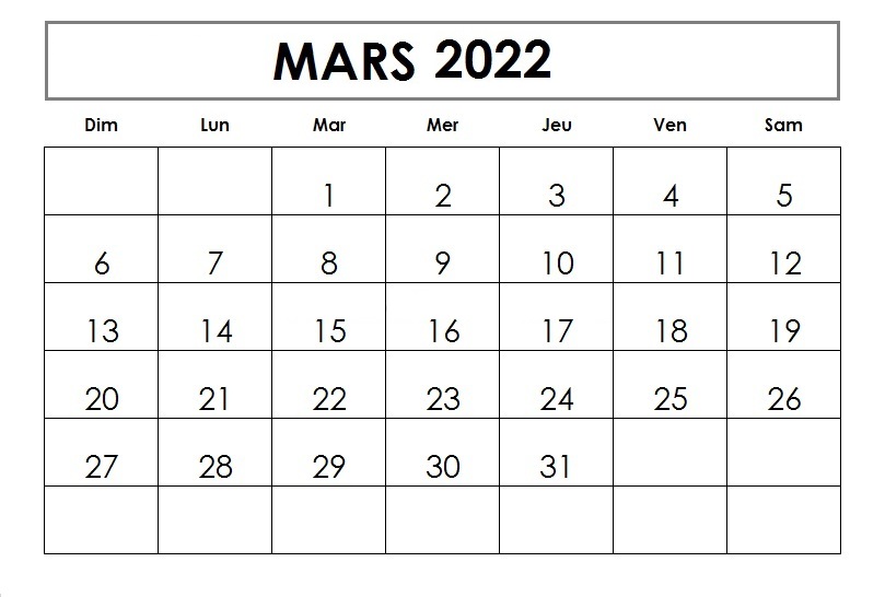 Calendrier mois de Mars 2022