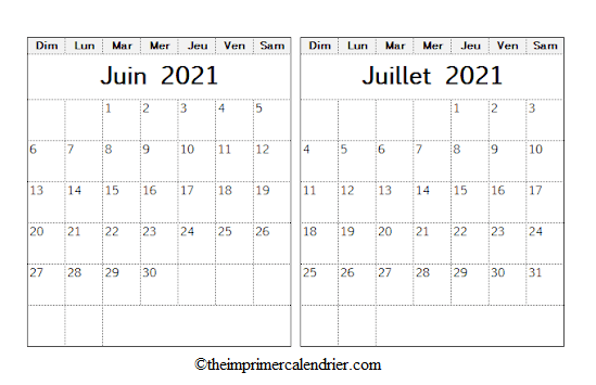 Calendrier Juin Juillet 2021