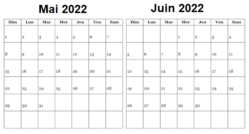 Calendrier Mai Juin 2022 à imprimer