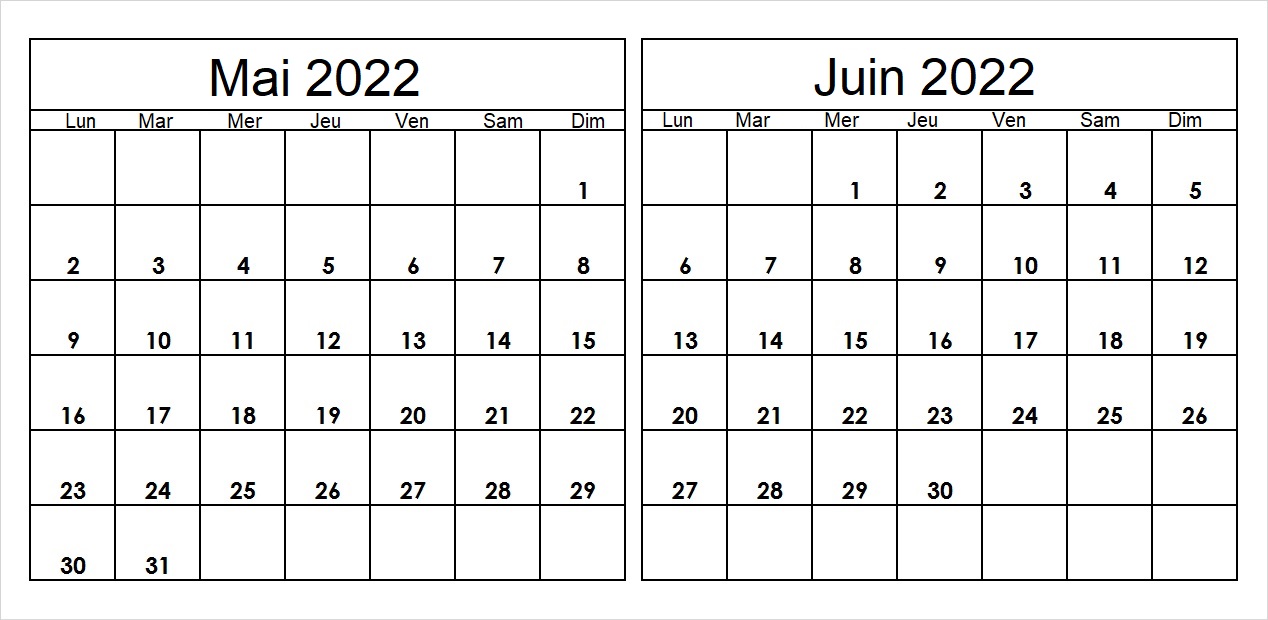 Calendrier Mois Mai Juin 2022 a Imprimer