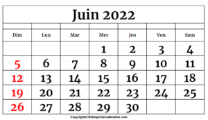 Calendrier Imprimable de Juin 2022