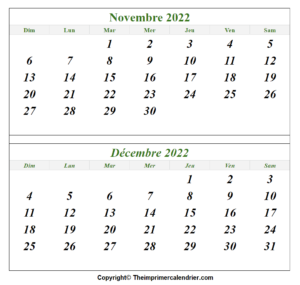 Calendrier Mois Novembre Decembre 2022 a Imprimer