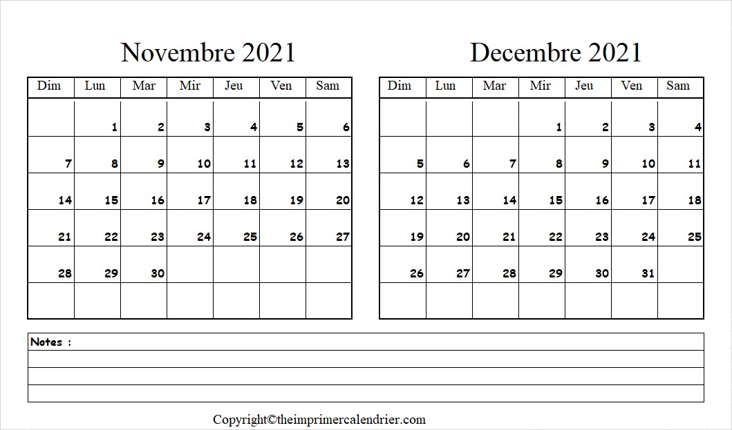 Calendrier Novembre Decembre 2021 à imprimer
