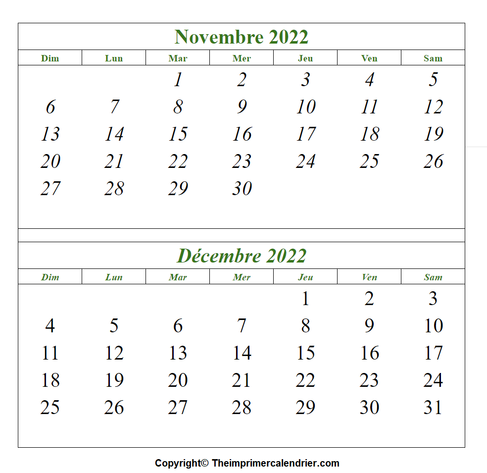 Calendrier Novembre Decembre 2022