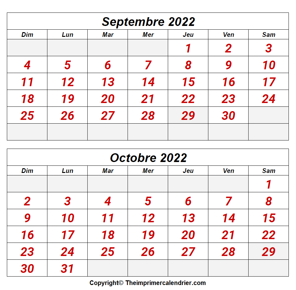 Calendrier Septembre Octobre 2022 à imprimer