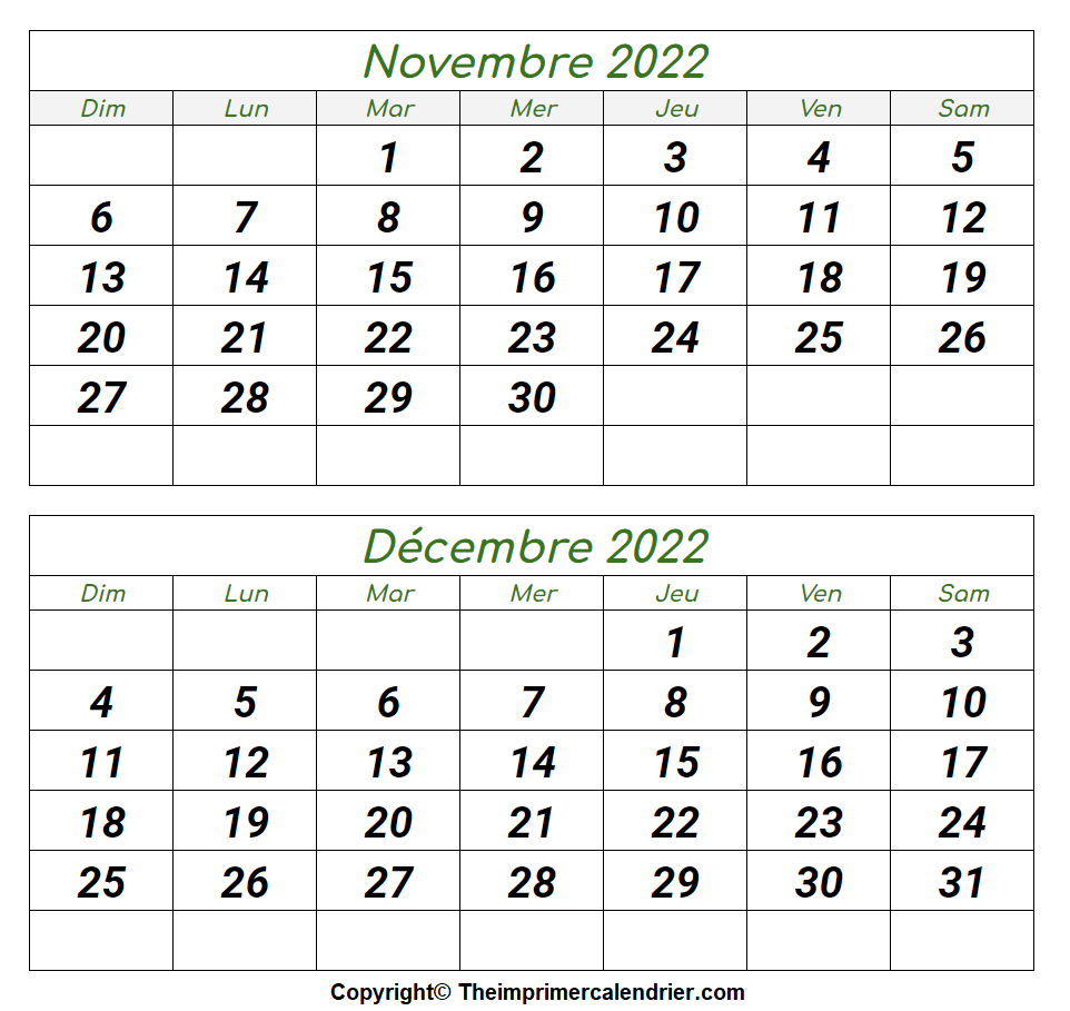 Novembre Decembre 2022 Calendrier