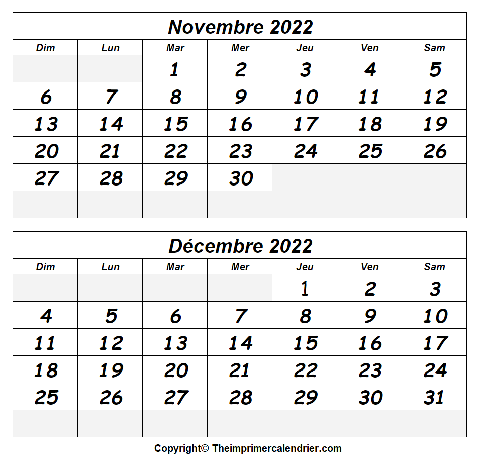 Novembre et Decembre 2022 Calendrier