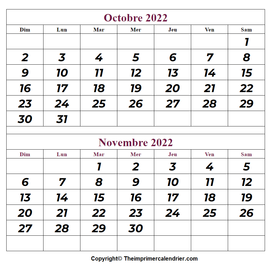 Octobre Novembre 2022 Calendrier PDF