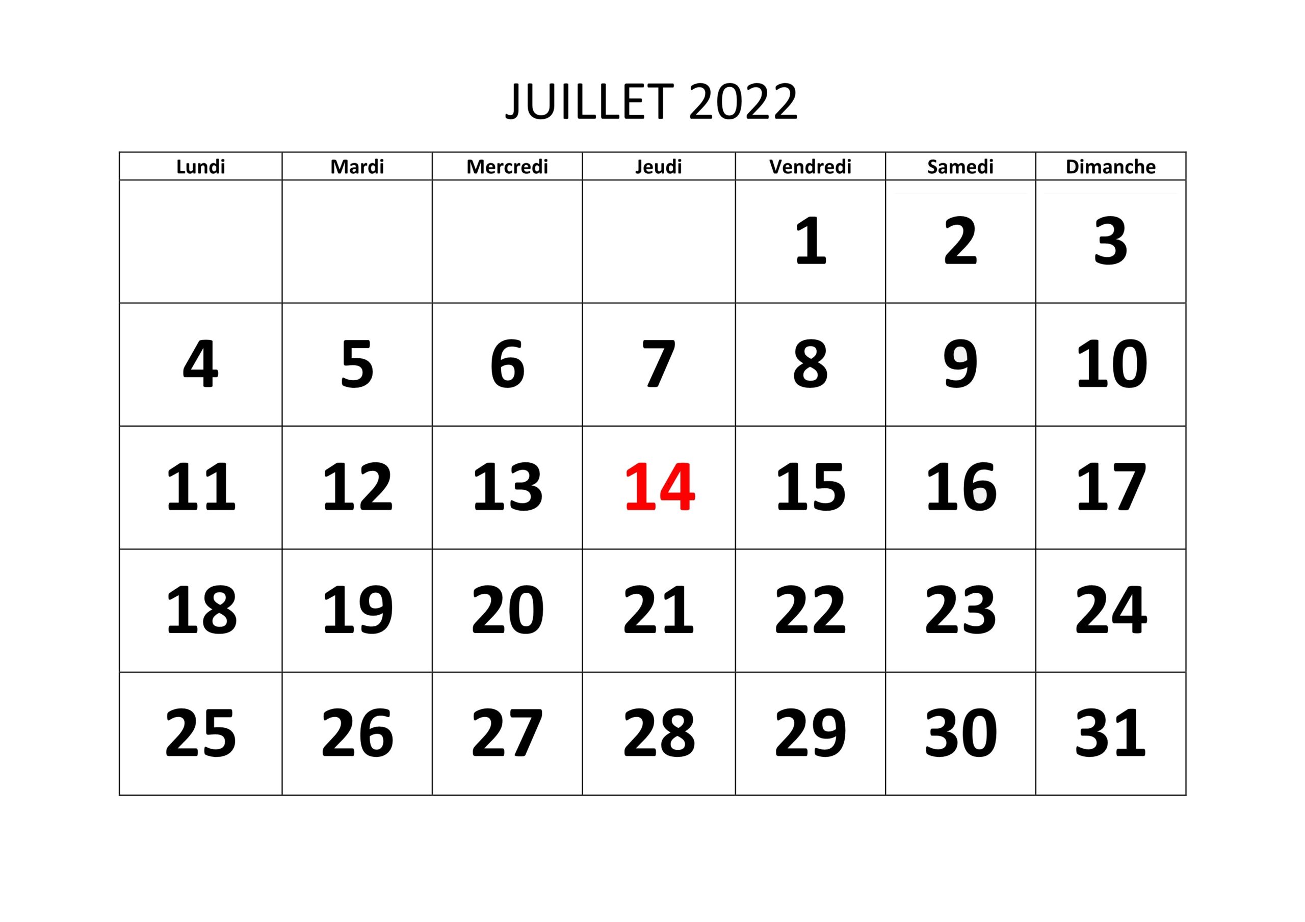 2022 Calendrier Juillet jours fériés