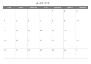 Calendrier Juillet Vacances 2022