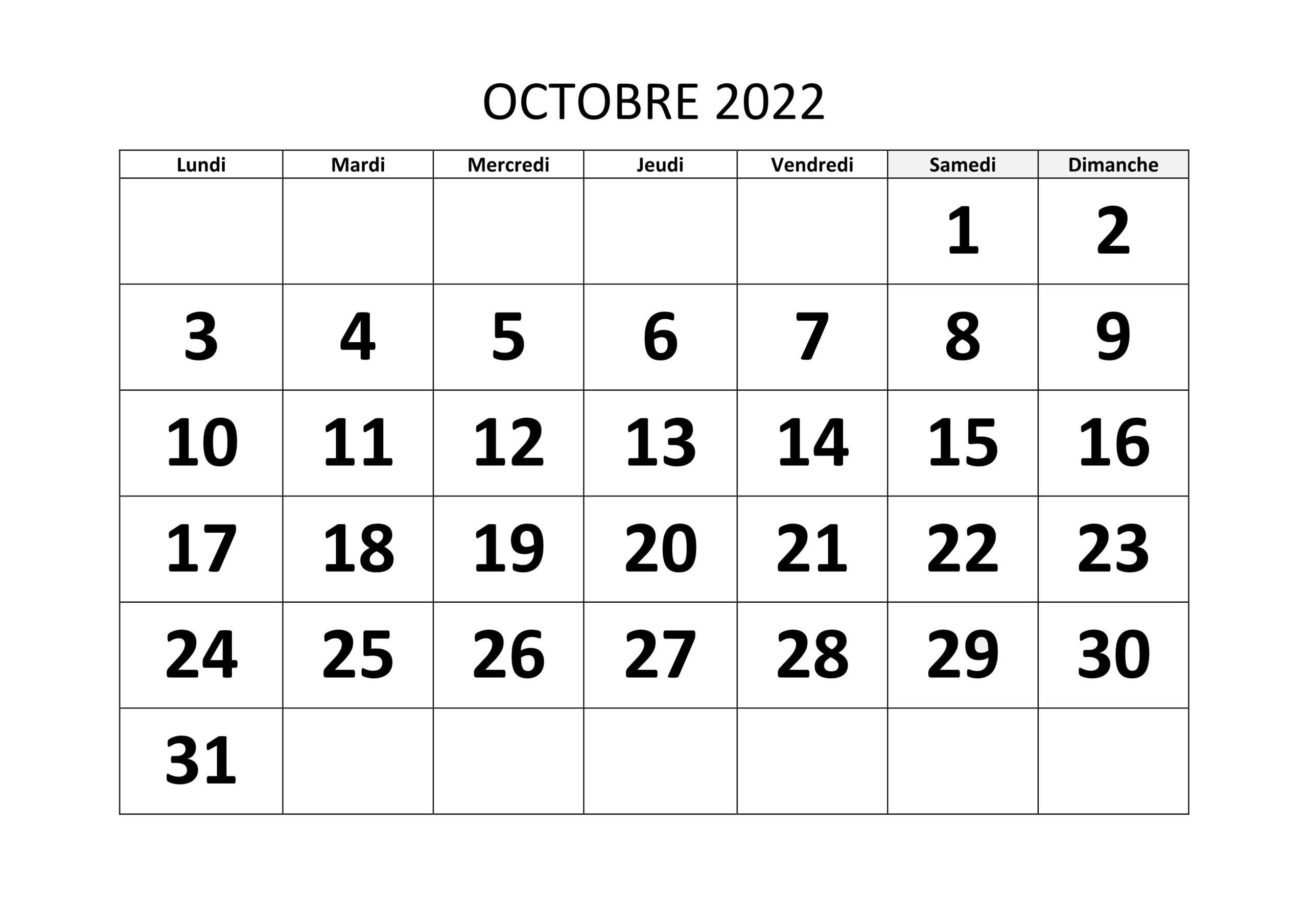 Calendrier Octobre Vacances 2022