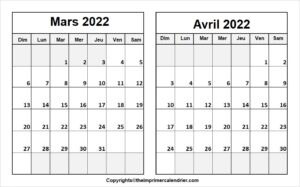 Calendrier Vierge Mars Avril 2022