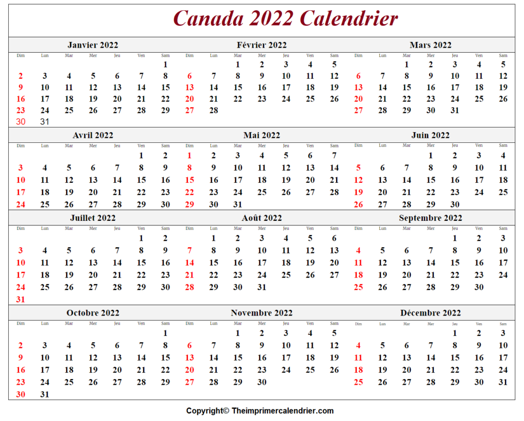 Canada 2022 Calendrier | The Imprimer Calendrier