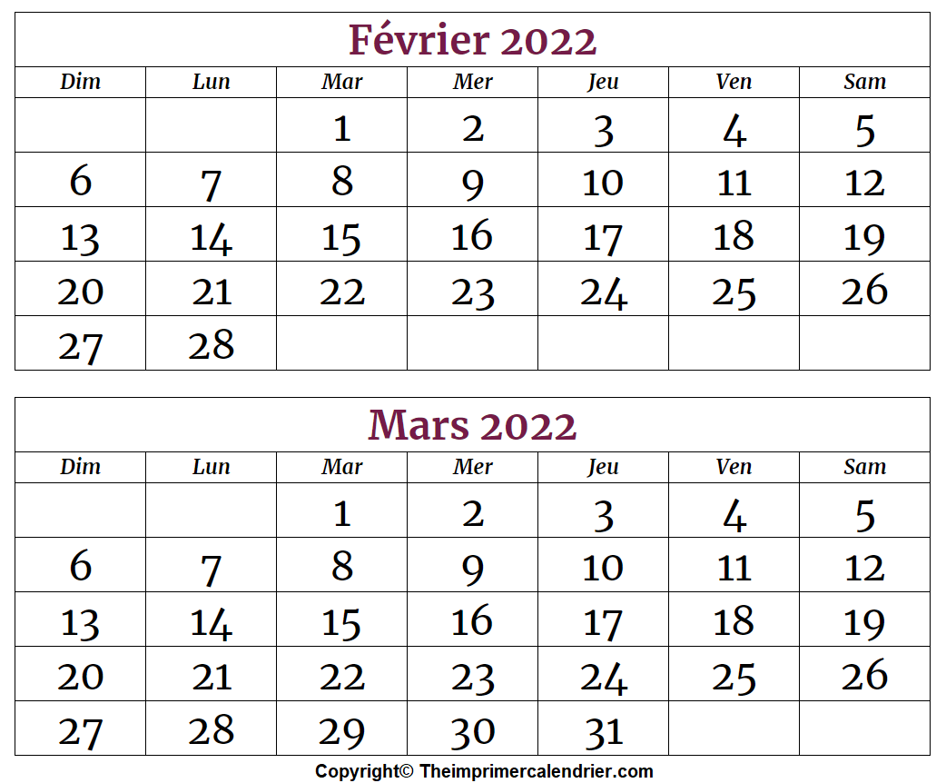 Février Mars 2022 Calendrier