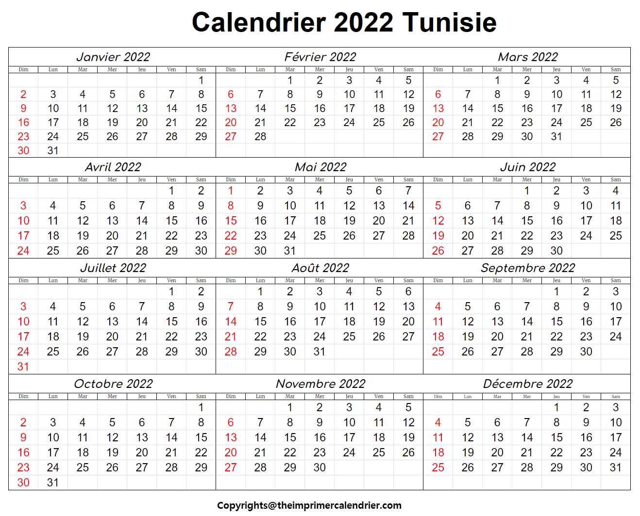 Calendrier 2022 Tunisie