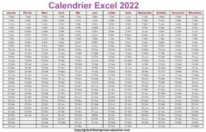 Calendrier Excel 2022