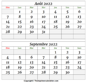 Calendrier Août et Septembre 2022
