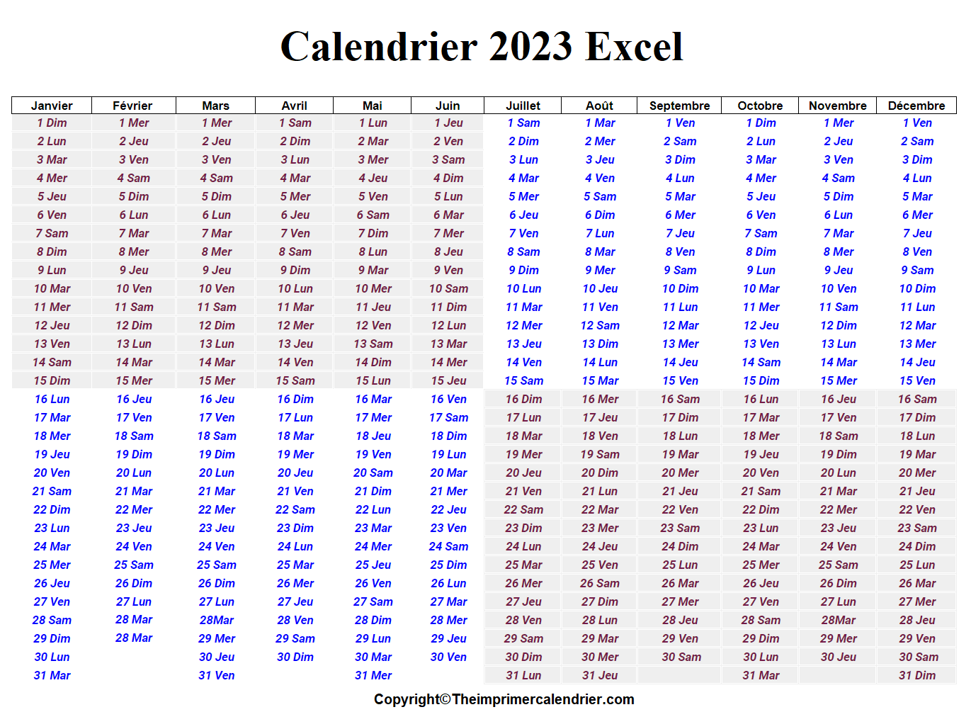 Calendrier Excel 2023