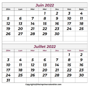 Calendrier Mois Juin Juillet 2022 a Imprimer