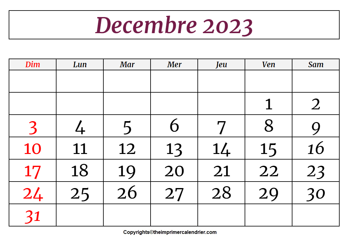 Decembre 2023 Calendrier