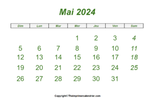 Calendrier Imprimable de Mai 2024
