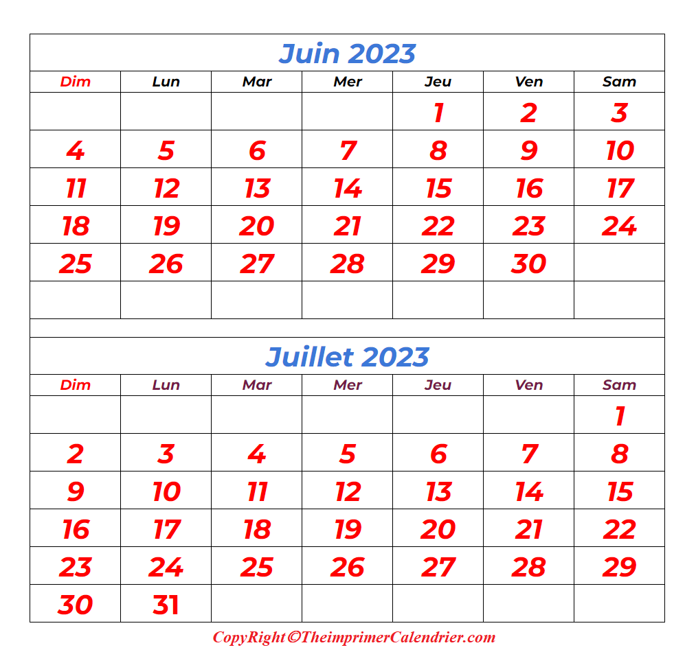 Calendrier Juin et Juillet 2023